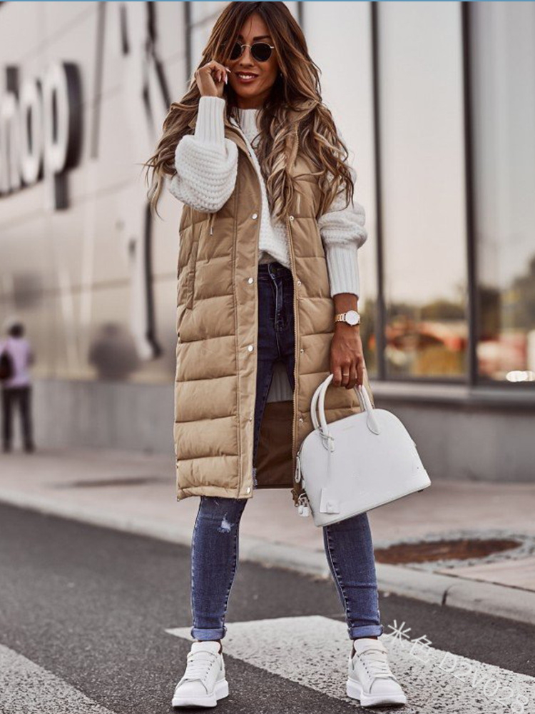 Women's Long with Hood Outdoor Vest Down Women's Jacket Quilted Loose Coat Sleeveless Jacket Winter Light Weight Sweaters Snowwear