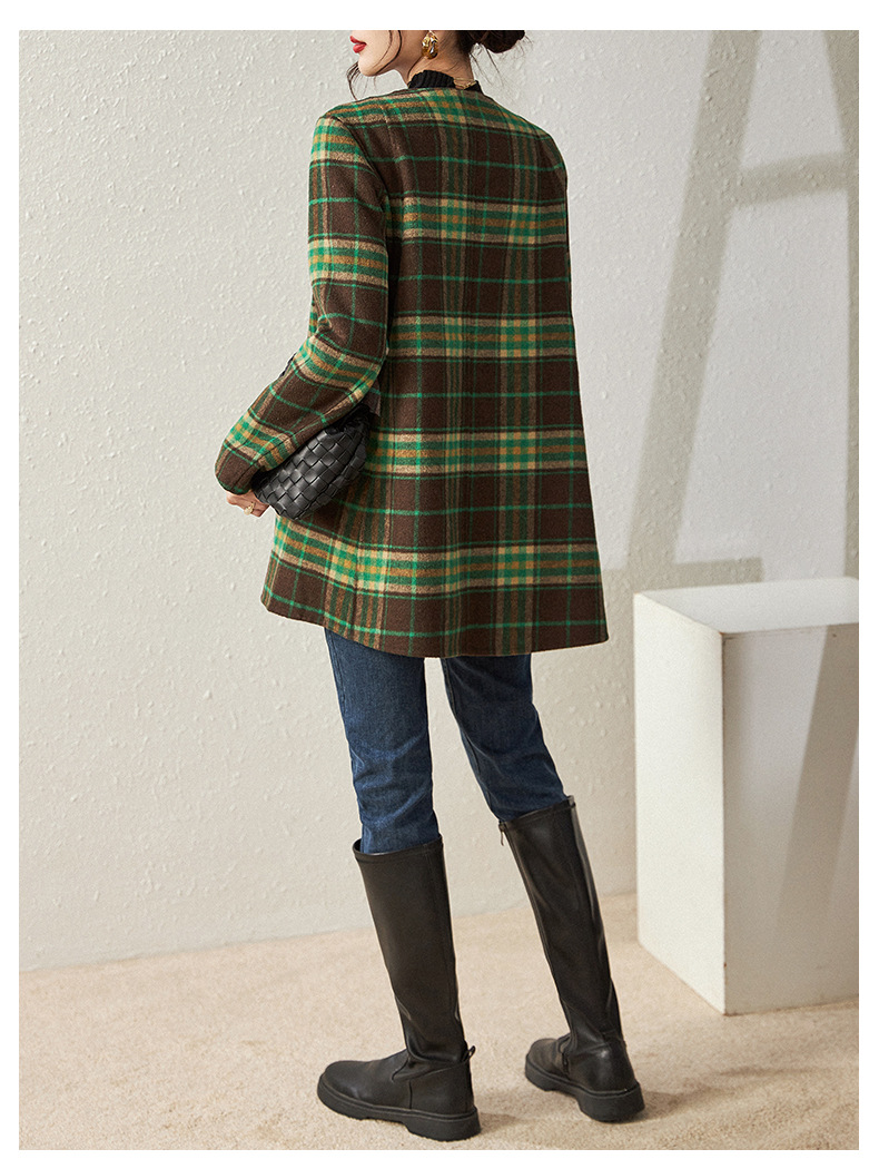 0C694M31 Autumn and Winter Women's Coat Vintage Plaid Wool Double-sided Woolen Outerwear Knitted Sleeve Two-piece Set