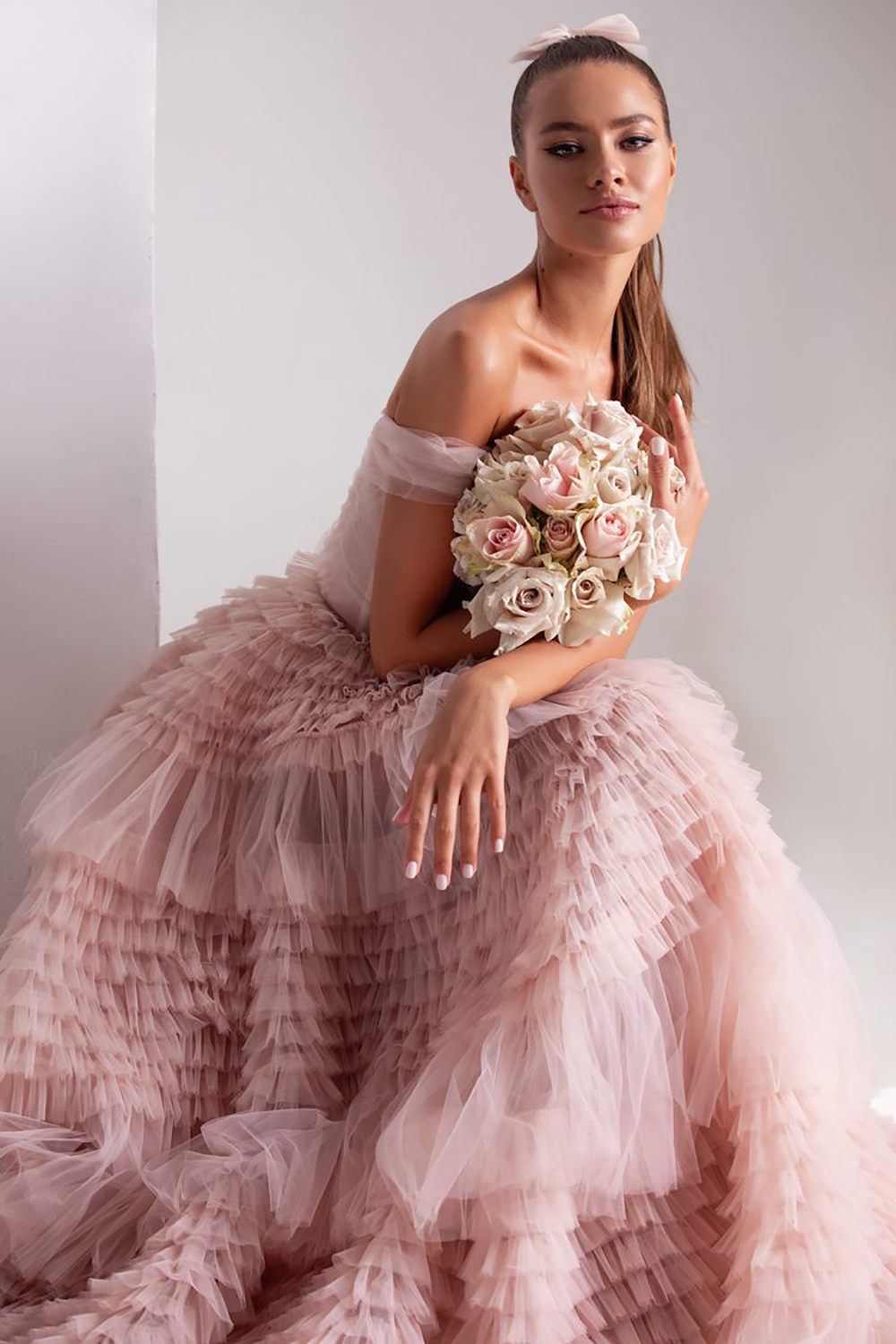 Light Pink Long Prom Dresses Sweetheart Crumpled Tulle Ruffles Evening Dresses Off Shoulder Tiered A-Line Formal Party Dress Sweety Special Occasion W
