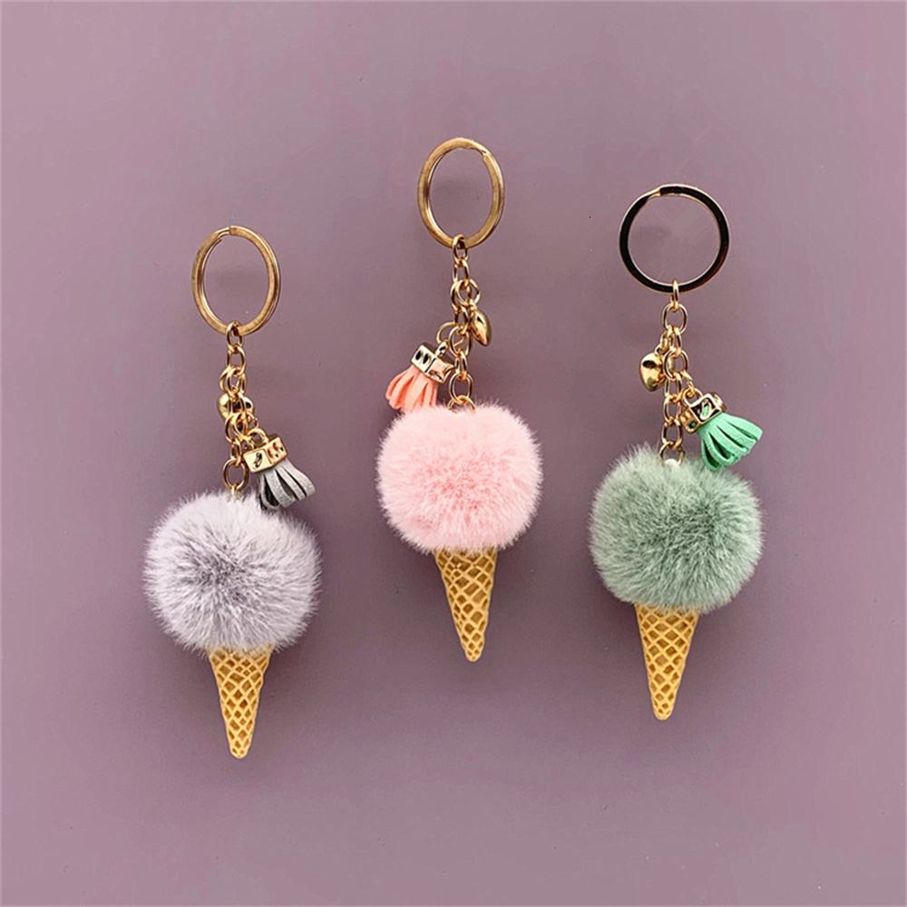 Keychains Lanyards 1pc Fashion Cute Mini Ice Cream Key Ring With Tassel Student Fluffy Pom Velvet Plush Keychain For Girls Bag Decoration Gift 230831