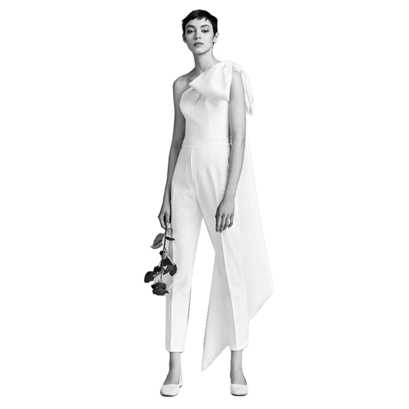 One Shoulder White Jumpsuit Simple Wedding Dresses With Detachable Bow Chic Outddor Elopement Gowns For Women Satin Elegant Bridal Wear