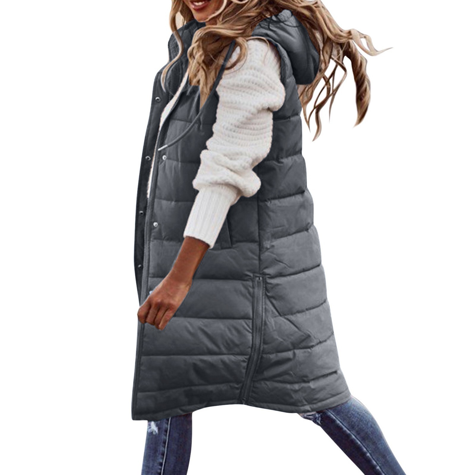 Women's Long with Hood Outdoor Vest Down Women's Jacket Quilted Loose Coat Sleeveless Jacket Winter Light Weight Sweaters Snowwear