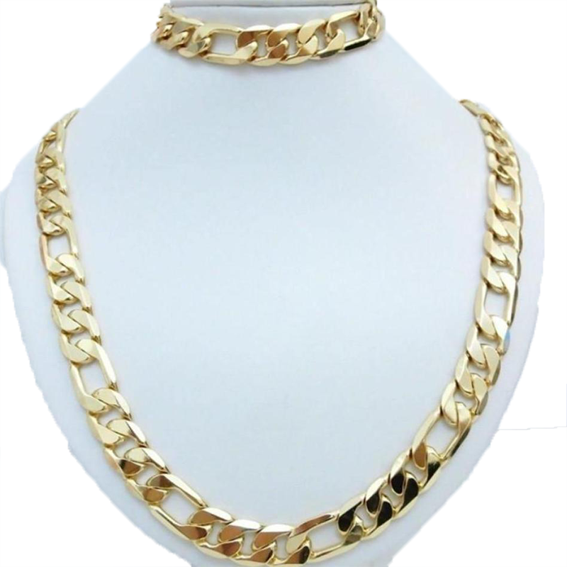 Necklace 24K Yellow Gold Filled Men039s Necklace Bracelet Set Figaro Curb Chain 200390392203903924039039268595120