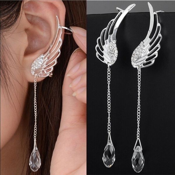 Ear Cuff Delysia King Women Angel Wings Feather Earrings Stud Trendy Crystal Tassel Jewelry 230830