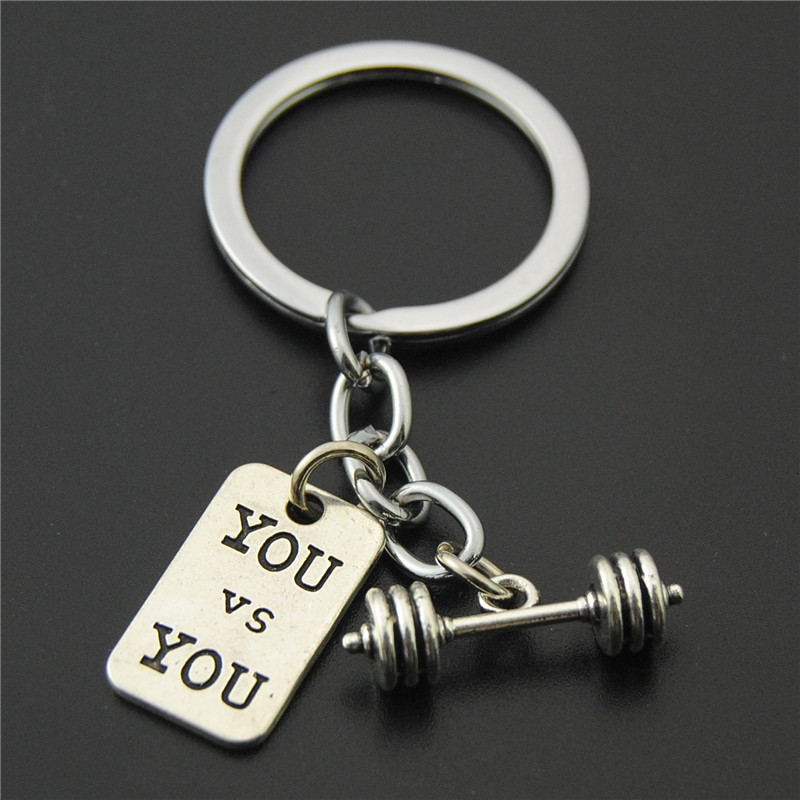 Keychains Lanyards 1pc Strength Sports Barbell Dumbbell Charm Weight Fitness With Words Gym Crossfit Keyring Keychain Gifts For Man 230831