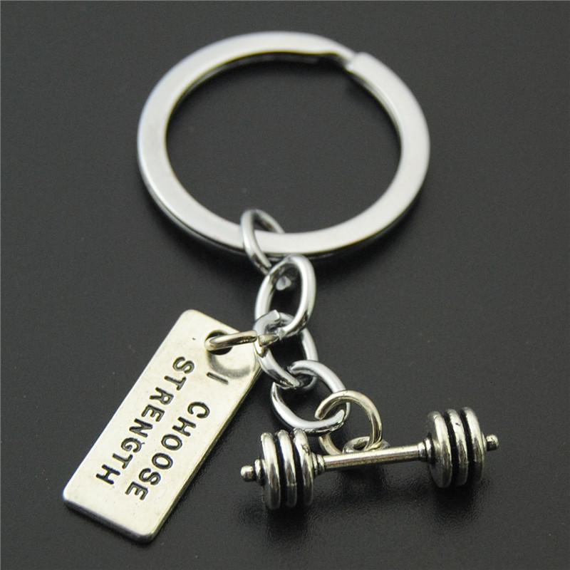 Keychains Lanyards 1pc Strength Sports Barbell Dumbbell Charm Weight Fitness With Words Gym Crossfit Keyring Keychain Gifts For Man 230831