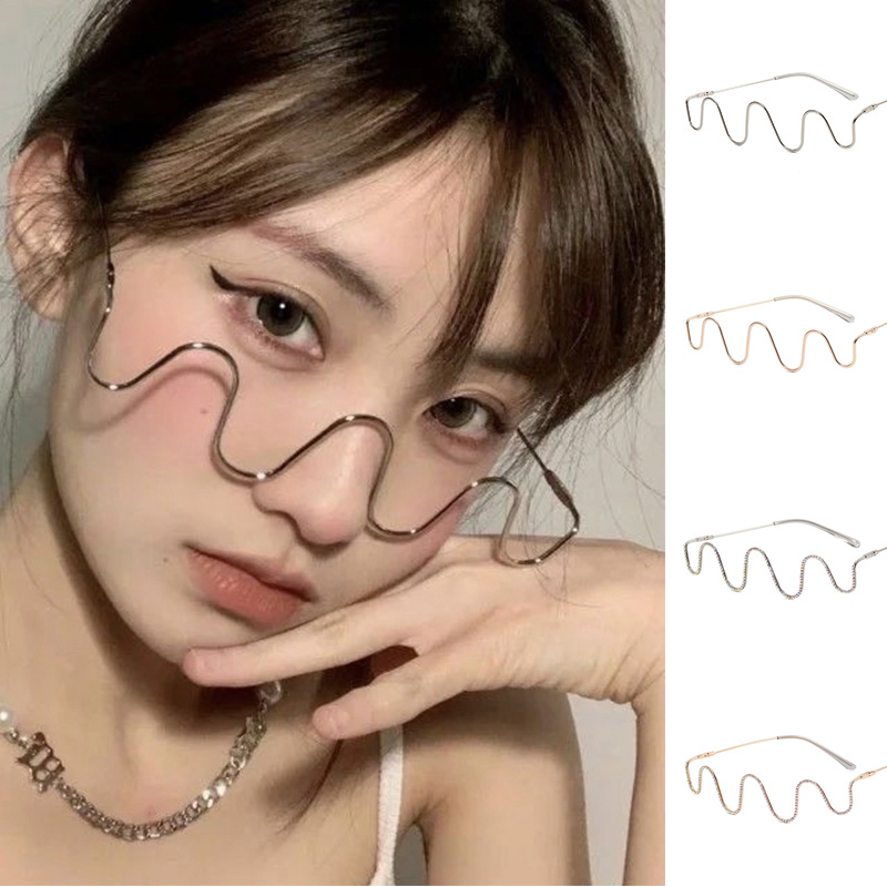 Rhinestone Metal Glasses W Shaped Decorative Glasses Frames Sexy Bling Diamond Eye Glasses No Lens Half Frame Fashion Eyewear INS Jewelry Accessories 