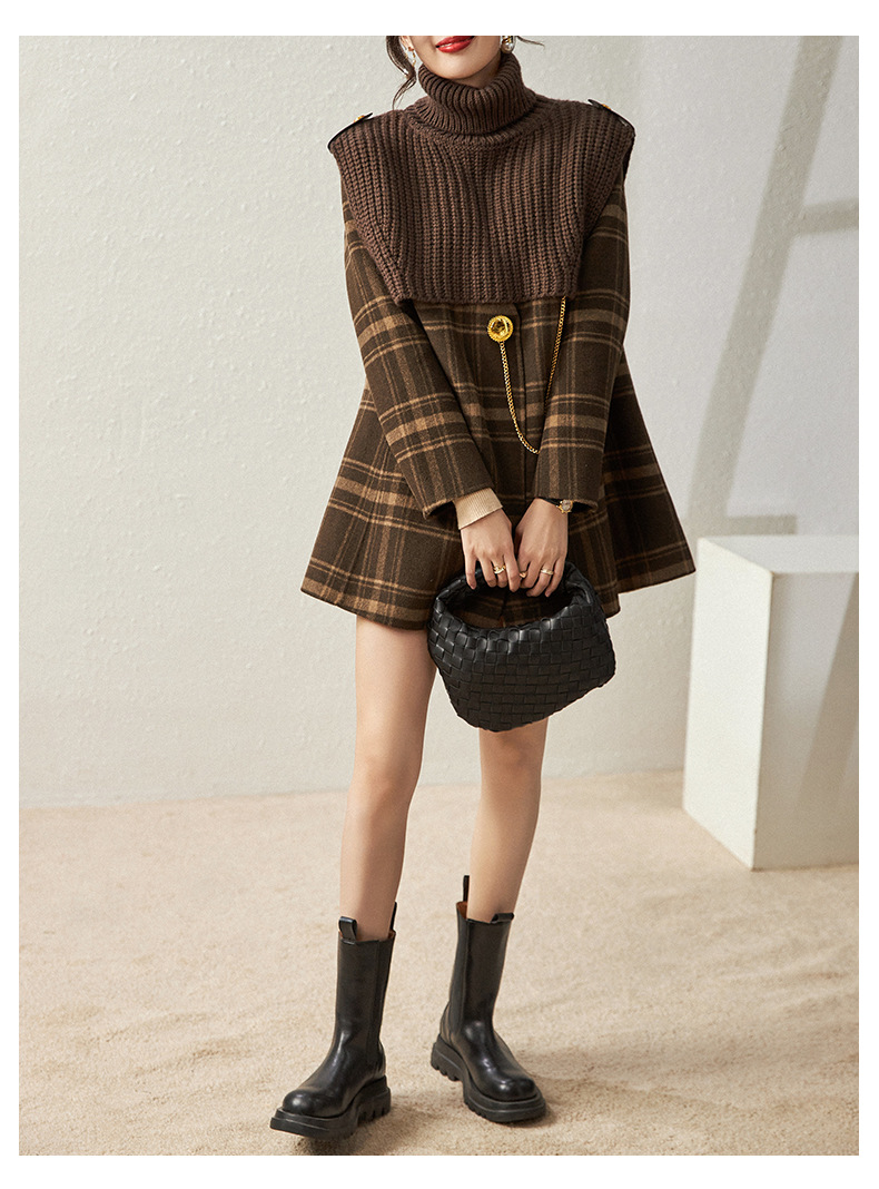0C694M31 Autumn and Winter Women's Coat Vintage Plaid Wool Double-sided Woolen Outerwear Knitted Sleeve Two-piece Set