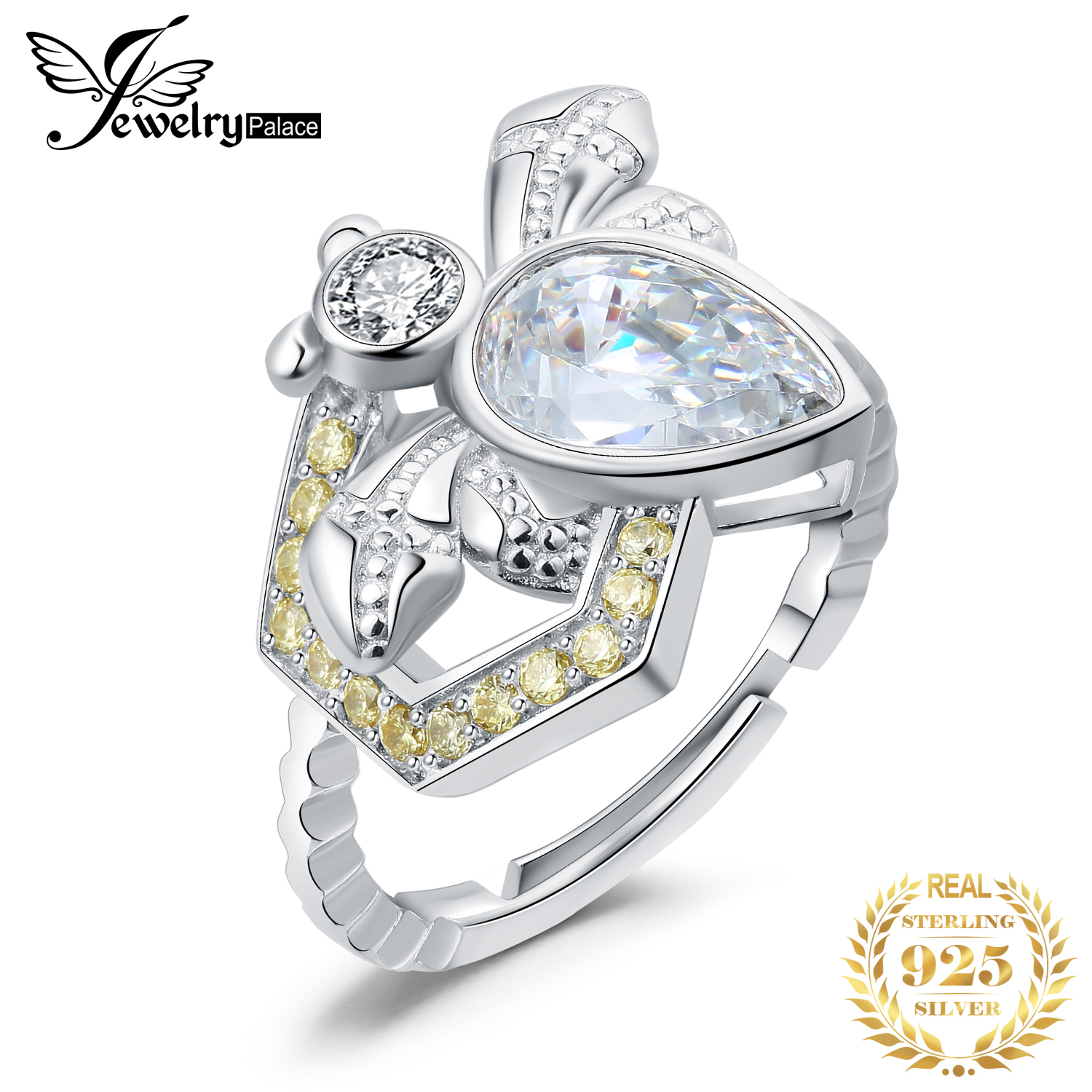 Wedding Rings Jewelry Arrival Honey Bee 2 6ct Pear Cut Gemstone 925 Sterling Silver Cocktail Open Adjustable Ring for Woman Girl 230830