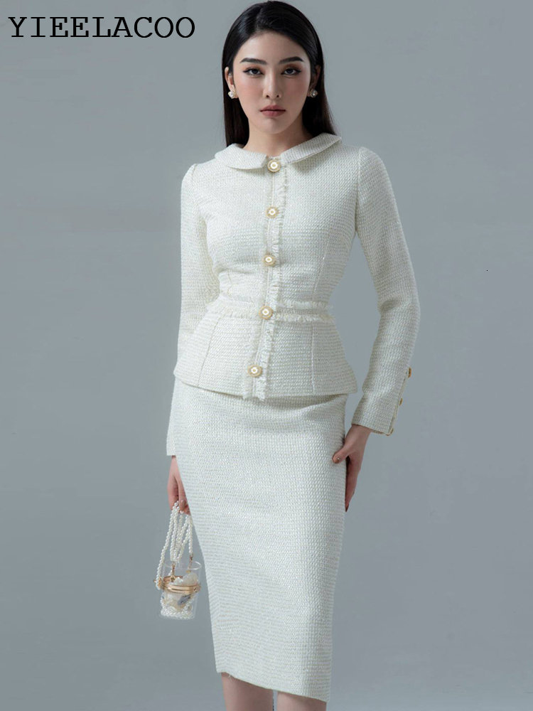 Two Piece Dress Women's Set White Autumn/Winter Long-Sleeved Tassel Ladies Tweed jacket Skirt Suit fashion Professional 2-Piece Set 230830