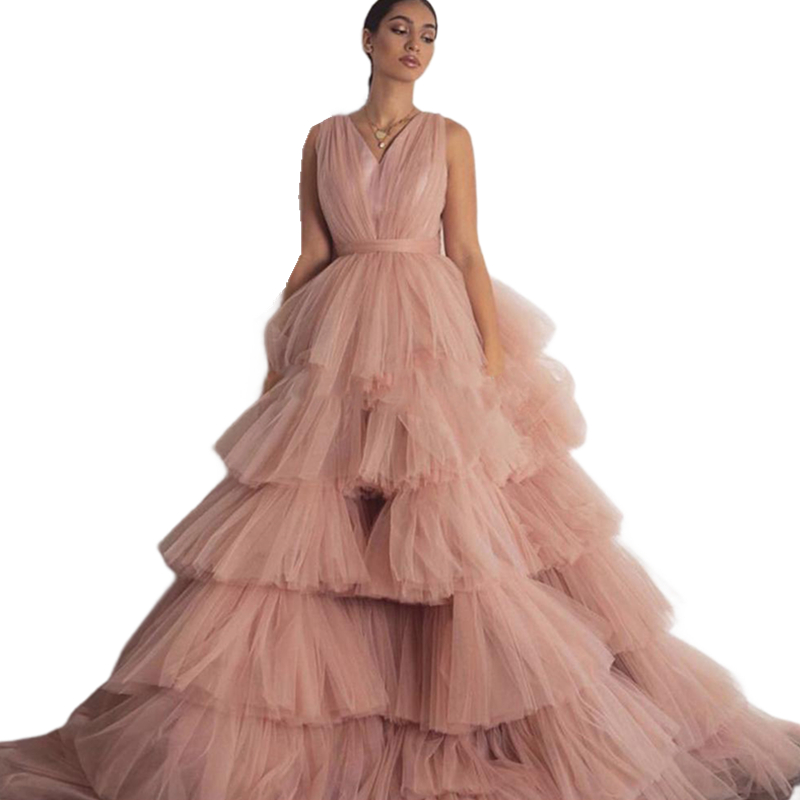 Fluffy Dusty Pink Tulle Prom Dresses V Neck Tiered Layer Saudi Arabia Long Ruffles Formal Evening Gowns Floor Length Robe De Soiree