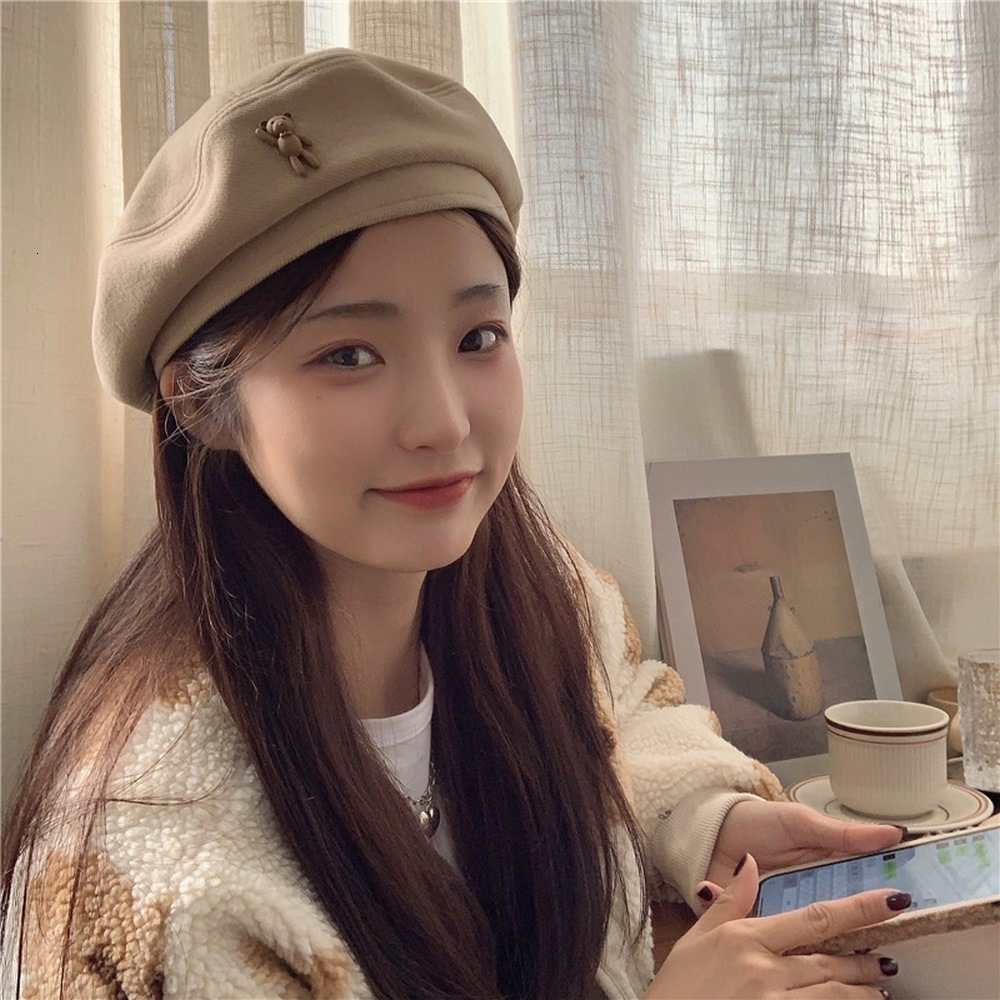 Beret Caps Autumn And Winter Woolen Hats Boinas 56 58cm Cartoon Bear Pattern Cute Style Solid Color Lovely Girl 2023 230831