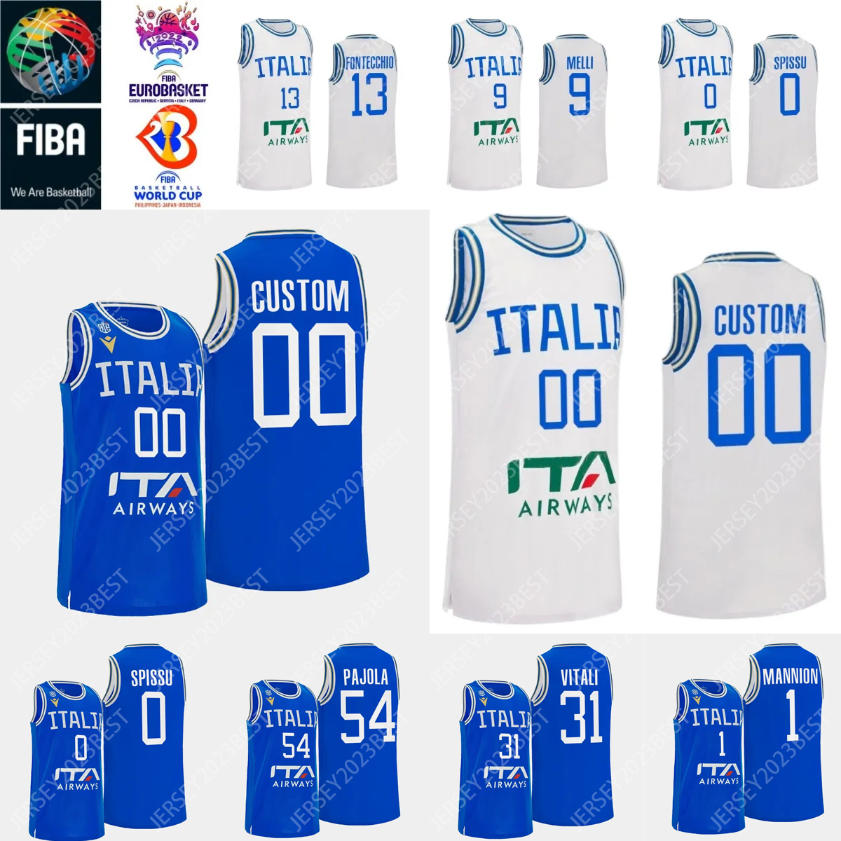 2023 Italy FIBA World Cup 13 Simone FONTECCHIO Basketball Jersey 31 Michele VITALI 9 Nicolo MELLI 1 Nico MANNION 40 Luca SEVERINI 0 Marco SPISSU Men Women Youth