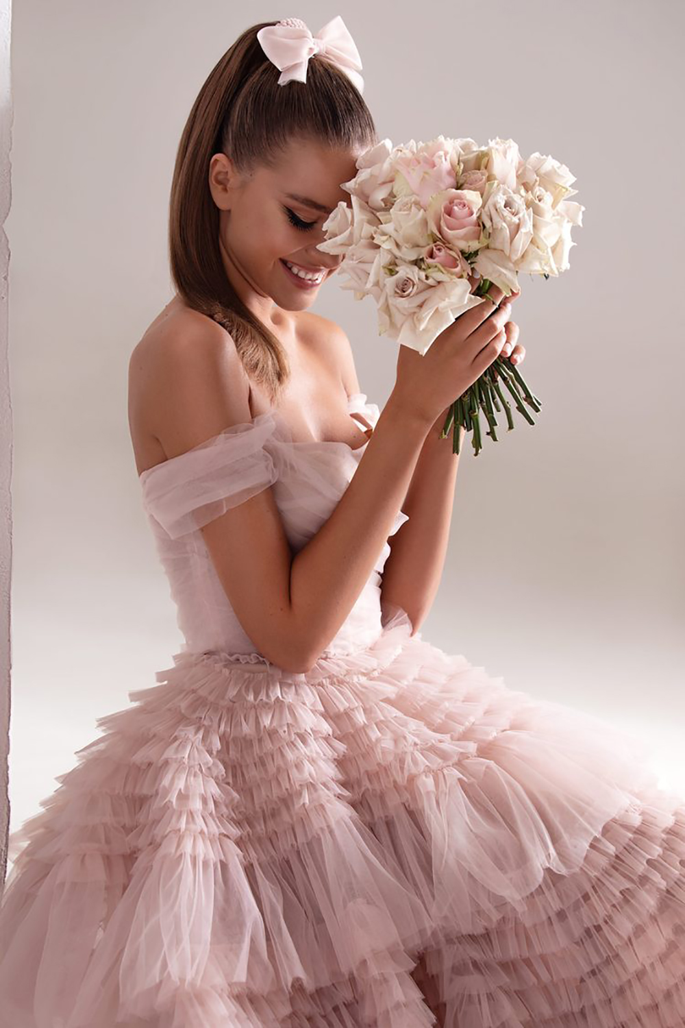 Light Pink Long Prom Dresses Sweetheart Crumpled Tulle Ruffles Evening Dresses Off Shoulder Tiered A-Line Formal Party Dress Sweety Special Occasion W