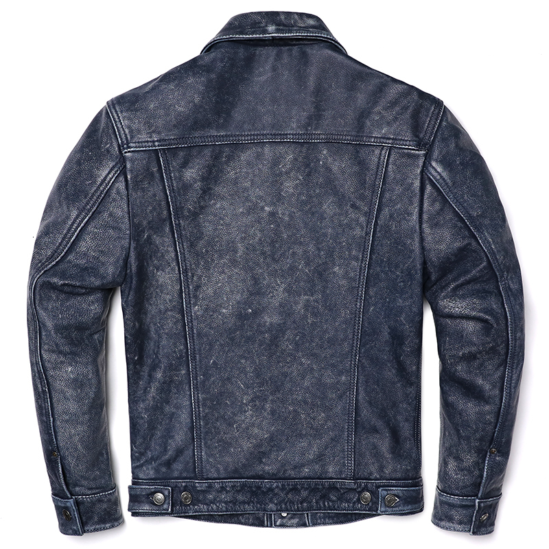 Men's Leather Faux Vintage Blue Cowboy Genuine Jacket Natural Cowhide Slim Short Coat Casual Style Single Breasted Retro Clothes 230831Z