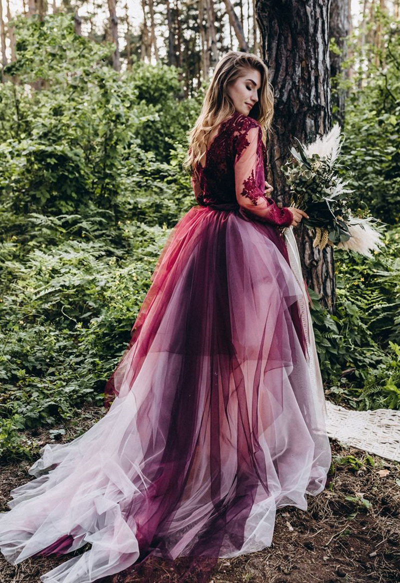 Vintage Burgundy And White A Line Tulle Wedding Dresses Garden Beach Chic Long Sleeves Bridal Gowns V-Neck Backless Lace Appliques Pastrol Style Engag