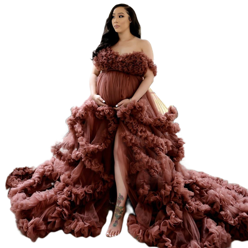 Plus Size Ruffle Tulle Maternity Dress Long Sexy Evening Dresses for Pregnant Women Baby Shower Front Split Photo Shoot Robes