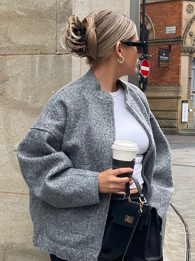 Spring Womens Jackets Warm Gray Long Sleeve Bomber Jacket Womens Outerwear With Button Pockets Jacket Coat Thicken Coat Top For Women 2