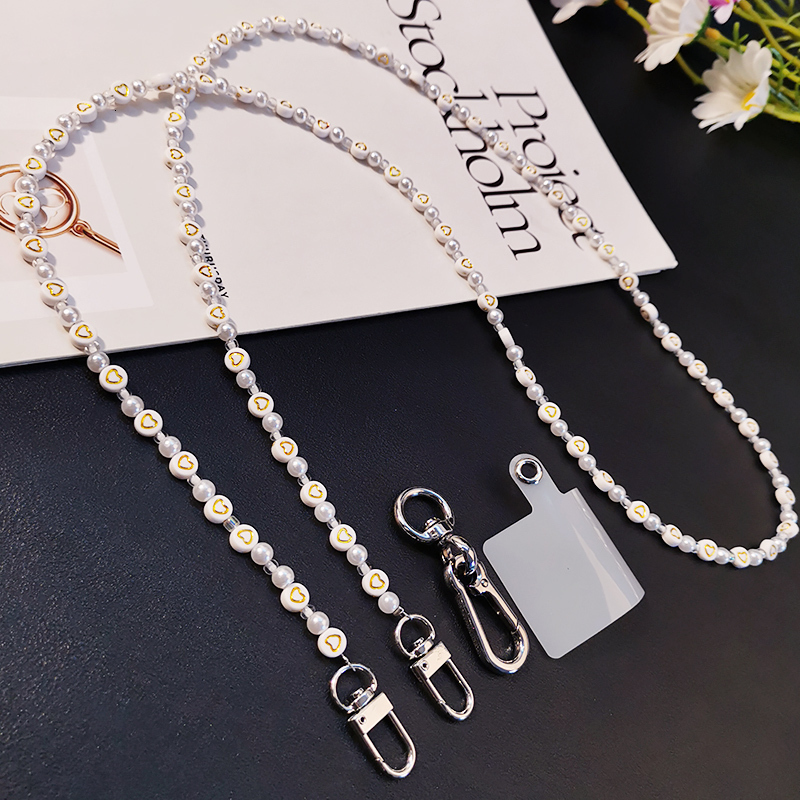 Cell Phone Straps Charms Mobile Phone Lanyard Crossbody Hanging Chain Pearl Love Hand-beaded Pendant Hanging Neck Detachable Belt Buckle Clip Universa