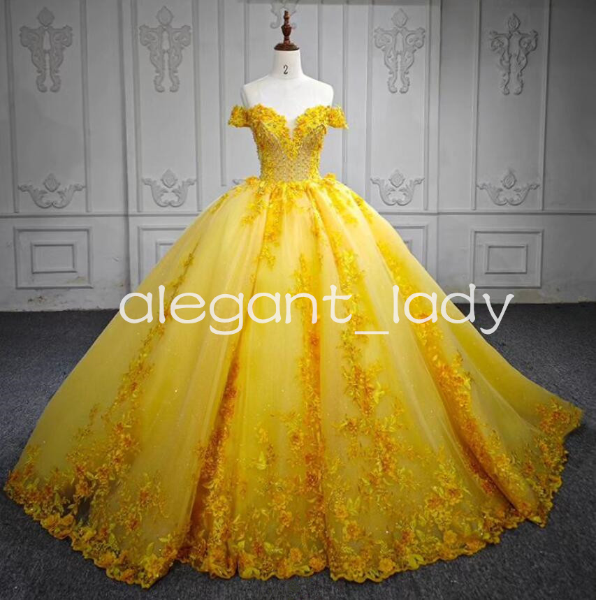 Daffodil Off Shoulder Princess Quinceanera Dresses 3D Floral Applique Beaded Lace-up Corset Sweet 15 vestidos debutantes