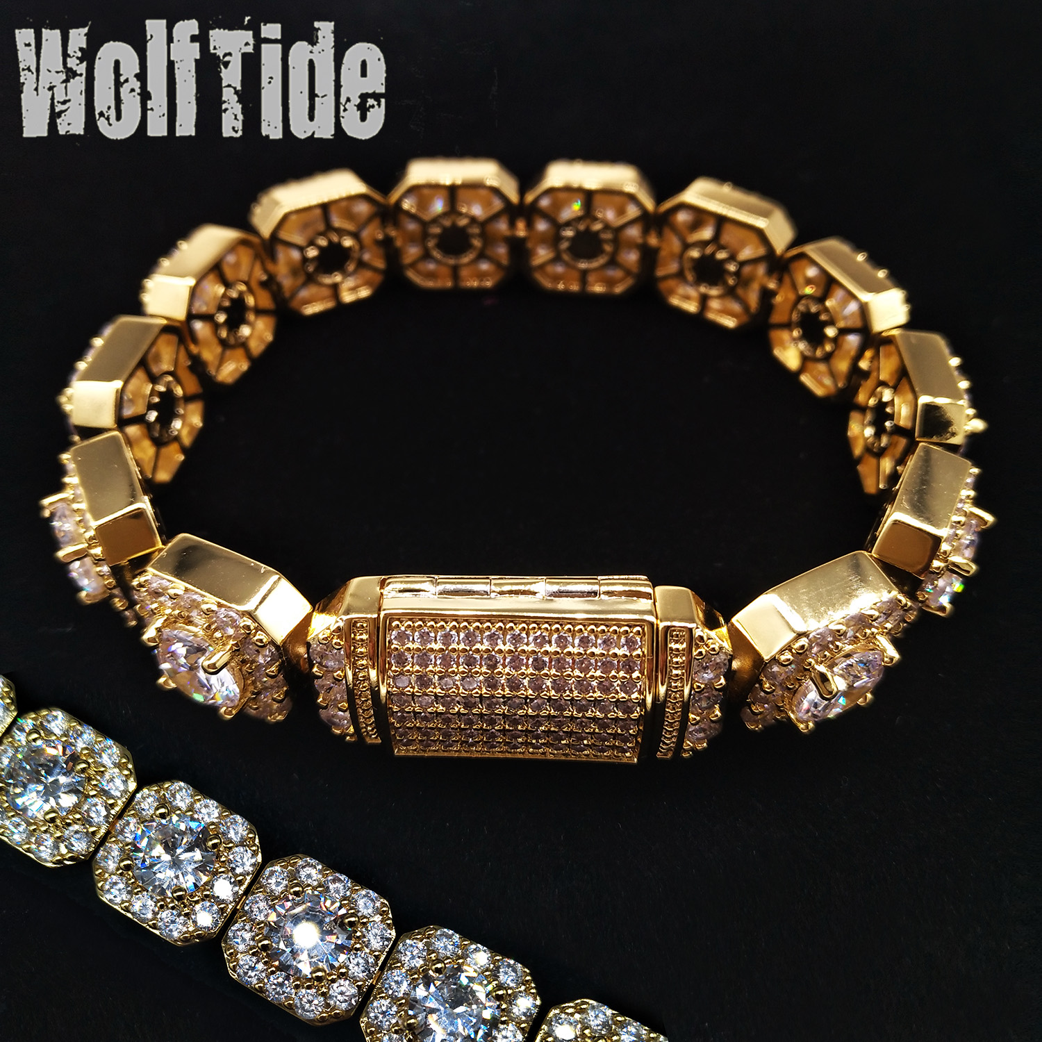12.5mm Iced Out Clustered CZ Stones Tennis Bracelets for Women Guys Hop Hop Fashion Rapper Wristband Chains 18K Gold Cubic Zirconia Mens Diamond Tenni