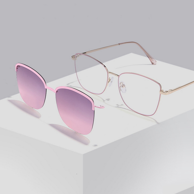 Fashion Sunglasses Frames 2 In 1 Glasses Anti Blue Light with 1Pc Magnetic Polarized Clip On Lenses Trendy Metal Frame Cat Eye Eyewear 230831