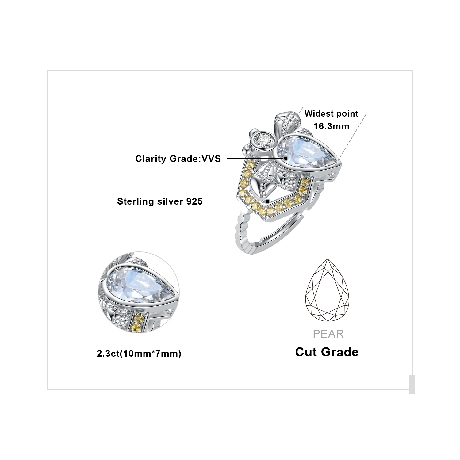 Wedding Rings Jewelry Arrival Honey Bee 2 6ct Pear Cut Gemstone 925 Sterling Silver Cocktail Open Adjustable Ring for Woman Girl 230830