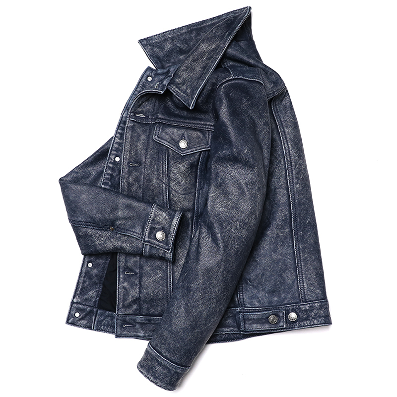 Men's Leather Faux Vintage Blue Cowboy Genuine Jacket Natural Cowhide Slim Short Coat Casual Style Single Breasted Retro Clothes 230831Z