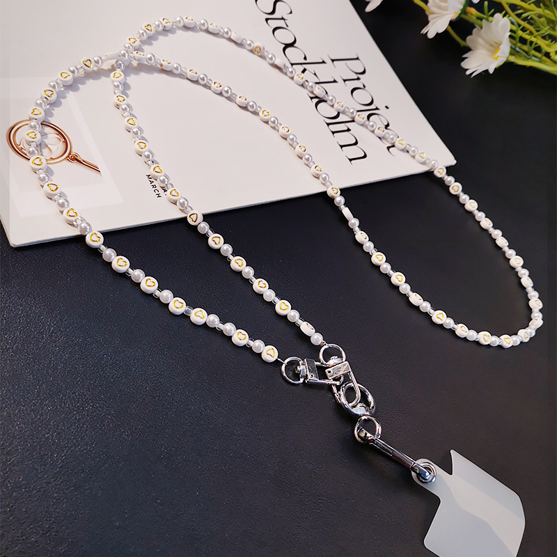 Cell Phone Straps Charms Mobile Phone Lanyard Crossbody Hanging Chain Pearl Love Hand-beaded Pendant Hanging Neck Detachable Belt Buckle Clip Universa