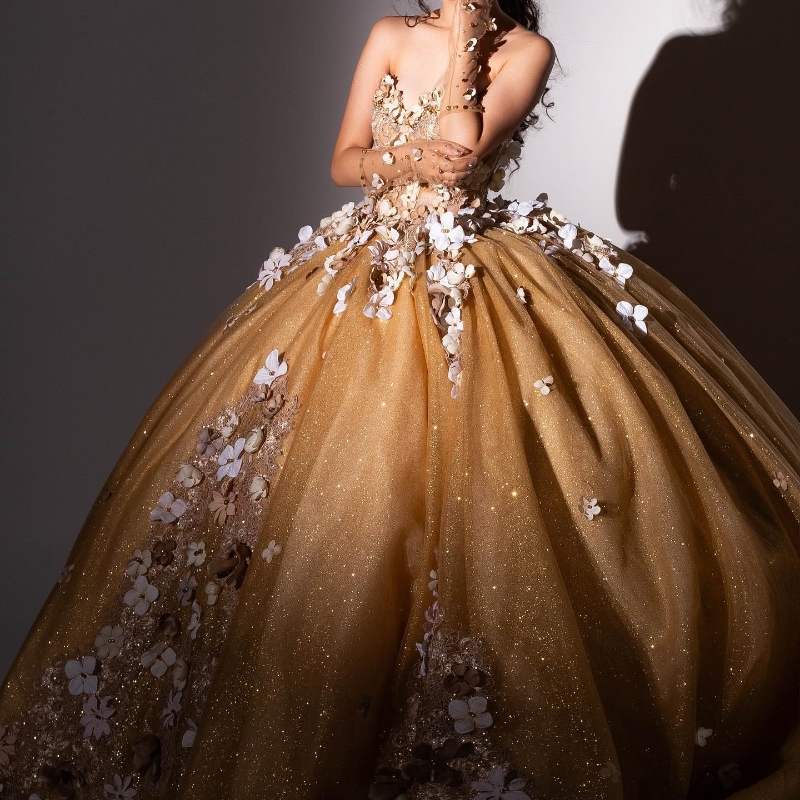 Gold Shiny Sweet 16 Quinceanera Off Shoulder Appliqued wer Ball Gown Butterfly Princess Party Birthday Dress Vestidos De