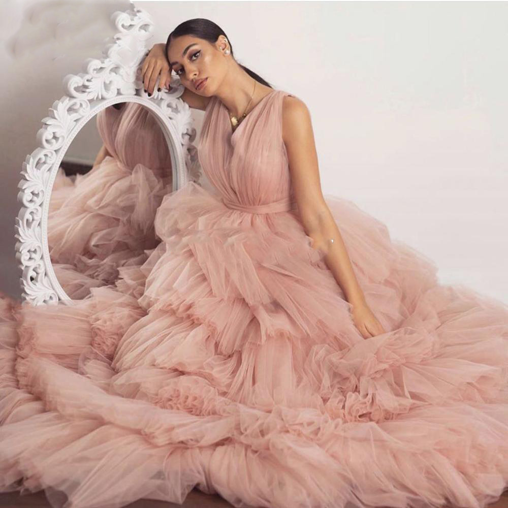 Fluffy Dusty Pink Tulle Prom Dresses V Neck Tiered Layer Saudi Arabia Long Ruffles Formal Evening Gowns Floor Length Robe De Soiree