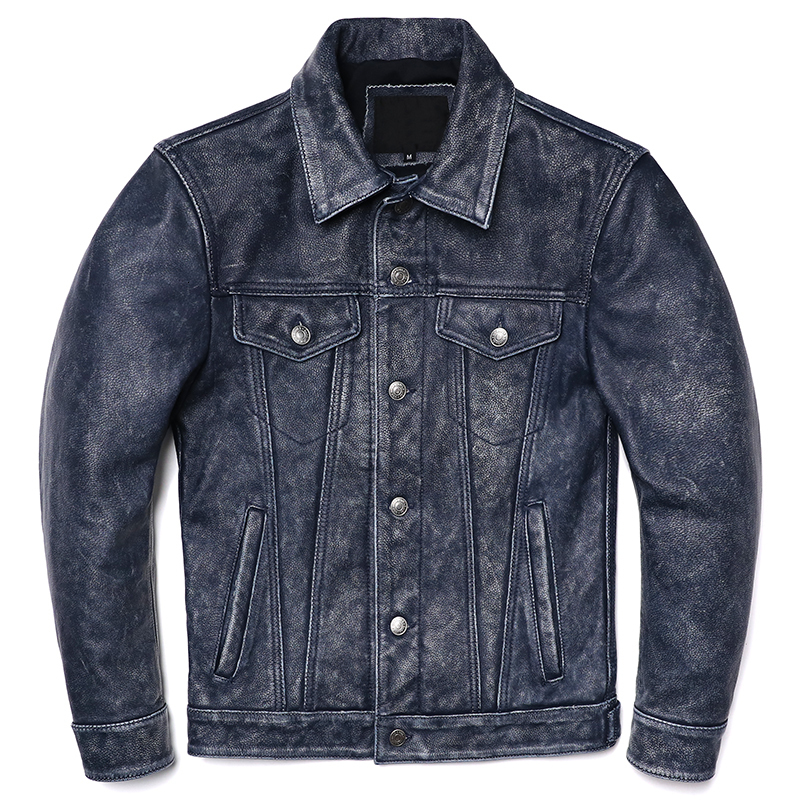 Men's Leather Faux Vintage Blue Cowboy Genuine Jacket Natural Cowhide Slim Short Coat Casual Style Single Breasted Retro Clothes 230831Z