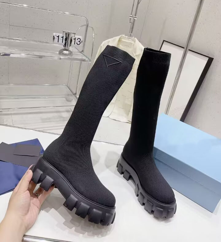 Women's Anti slip Thick Sole Long Boots Fashion Elastic Woven Thick Sole Socks Boots 5.5cm Show Street Breathable Slim Fit High Heels 35-41