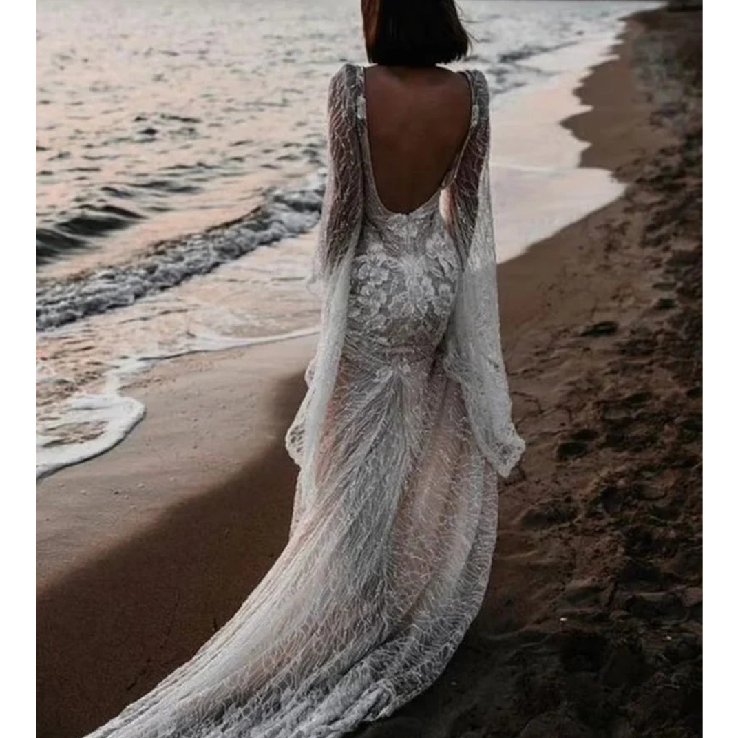 Lace Illusion Berta Mermaid Deep V Neck Long Sleeves Bridal Dresses Sexy Vintage Wedding Gowns 2024 6660312