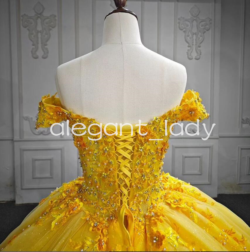 Daffodil Off Shoulder Princess Quinceanera Dresses 3D Floral Applique Beaded Lace-up Corset Sweet 15 vestidos debutantes