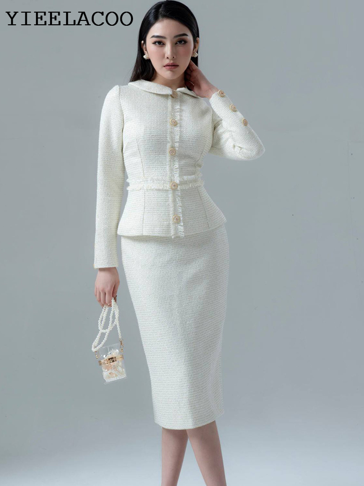 Two Piece Dress Women's Set White Autumn/Winter Long-Sleeved Tassel Ladies Tweed jacket Skirt Suit fashion Professional 2-Piece Set 230830