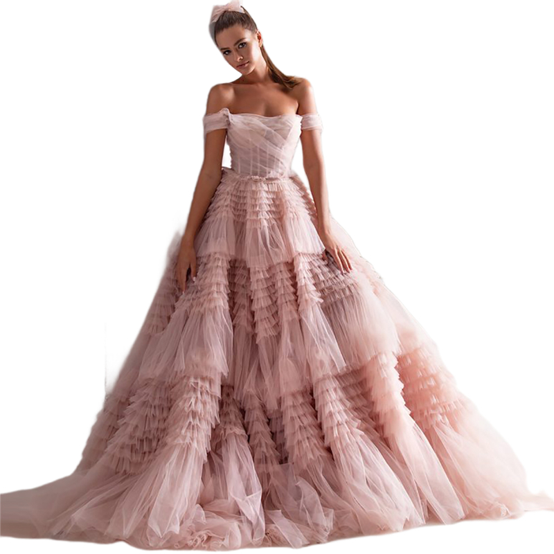 Light Pink Long Prom Dresses Sweetheart Crumpled Tulle Ruffles Evening Dresses Off Shoulder Tiered A-Line Formal Party Dress Sweety Special Occasion W