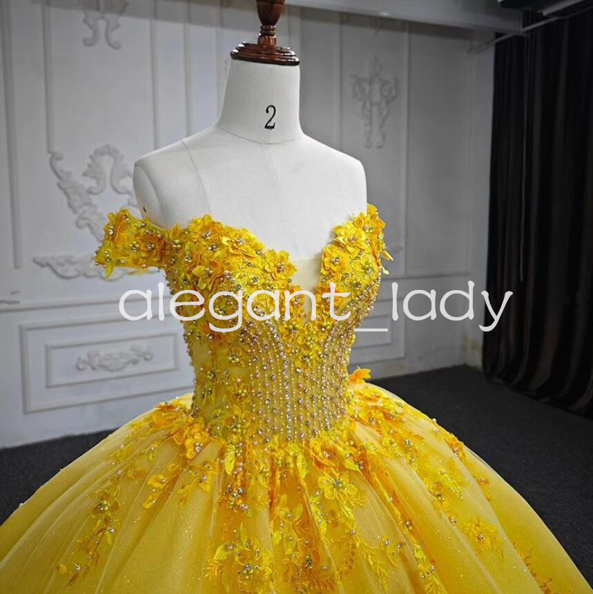 Daffodil Off Shoulder Princess Quinceanera Dresses 3D Floral Applique Beaded Lace-up Corset Sweet 15 vestidos debutantes