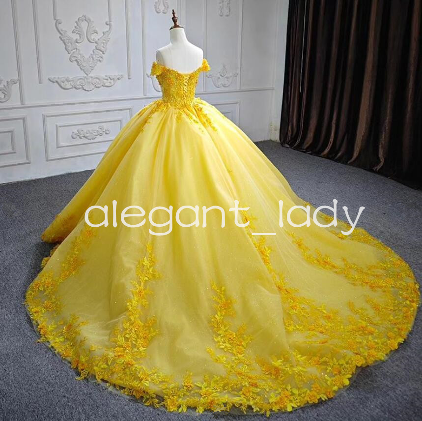 Daffodil Off Shoulder Princess Quinceanera Dresses 3D Floral Applique Beaded Lace-up Corset Sweet 15 vestidos debutantes