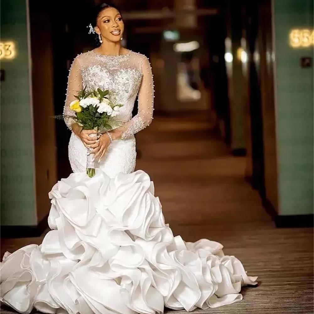 Bridal Gowns White Wedding Dresses Mermaid Ivory Formal Trumpet Applique Custom New Plus Size Lace Up Zipper O-Neck Tulle Beaded Long Sleeve Organza S