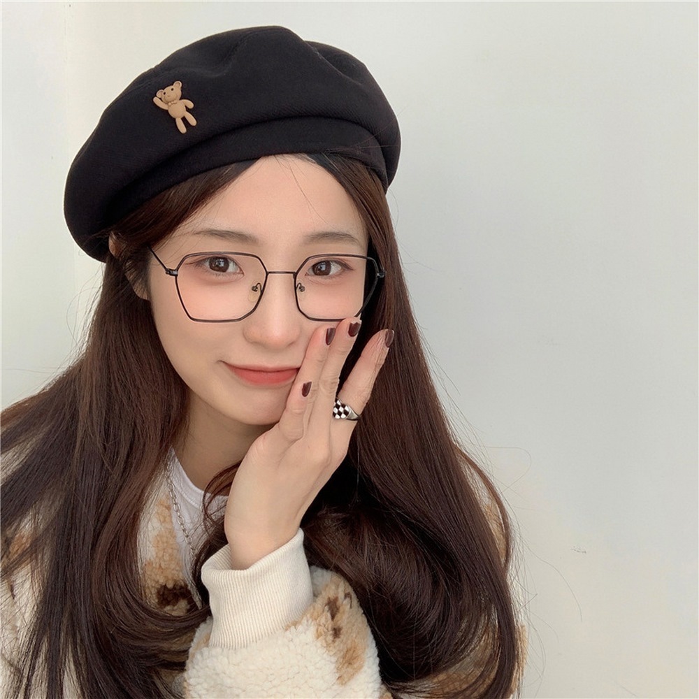 Beret Caps Autumn And Winter Woolen Hats Boinas 56 58cm Cartoon Bear Pattern Cute Style Solid Color Lovely Girl 2023 230831