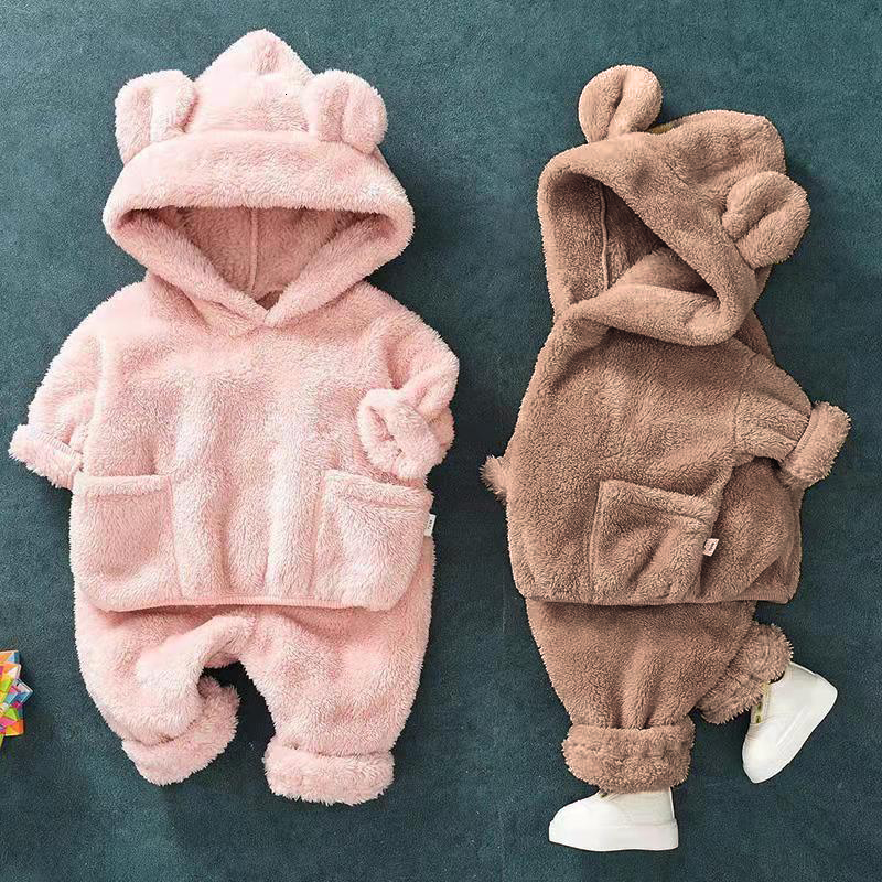 Clothing Sets Cute Baby Boys Girls Coral Velvet Warm Spring Autumn Winter Hoodied Clothes Sets Children Kids Thick Woolen Bear Hoody Suits 230830