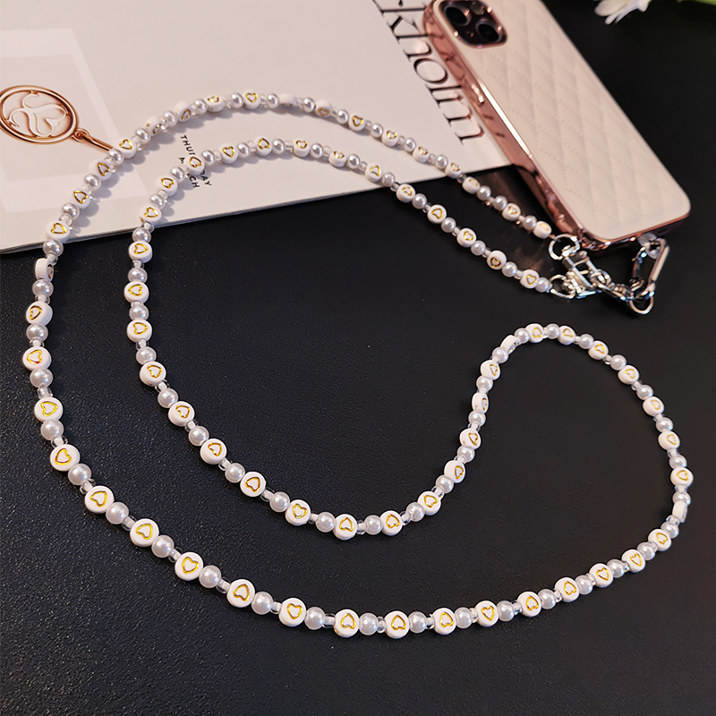 Cell Phone Straps Charms Mobile Phone Lanyard Crossbody Hanging Chain Pearl Love Hand-beaded Pendant Hanging Neck Detachable Belt Buckle Clip Universa
