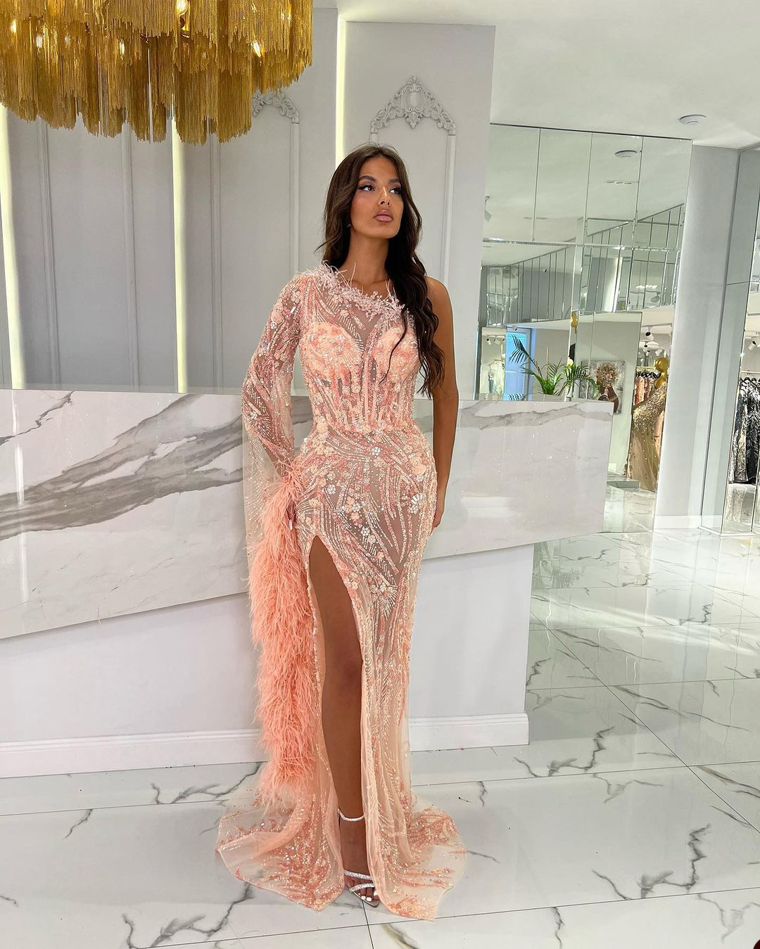 One Shoulder Feather Evening Gown Shiny Sequined Lace Mermaid Dresses See Through Prom Dress Formal Custom Made