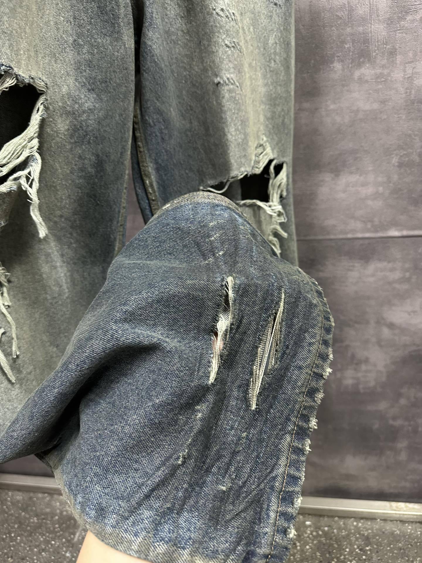 Original Bale Washed Loose Dyed Torn Dirty Jeans High Street Casual Denim Pants Men Hiphop Streetwear Causal