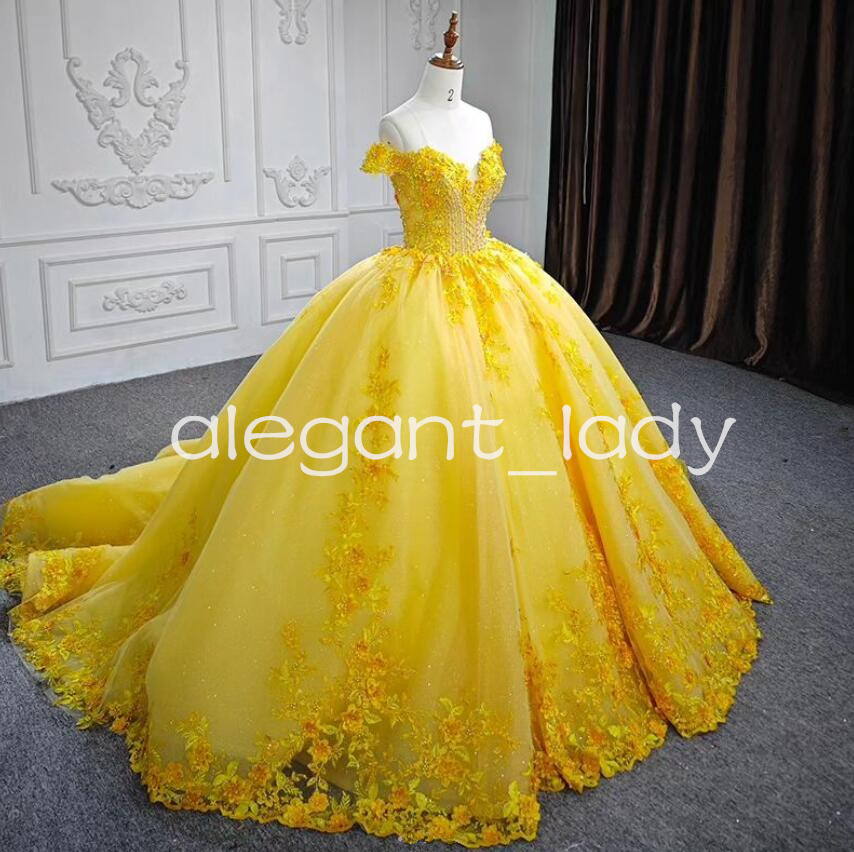 Daffodil Off Shoulder Princess Quinceanera Dresses 3D Floral Applique Beaded Lace-up Corset Sweet 15 vestidos debutantes