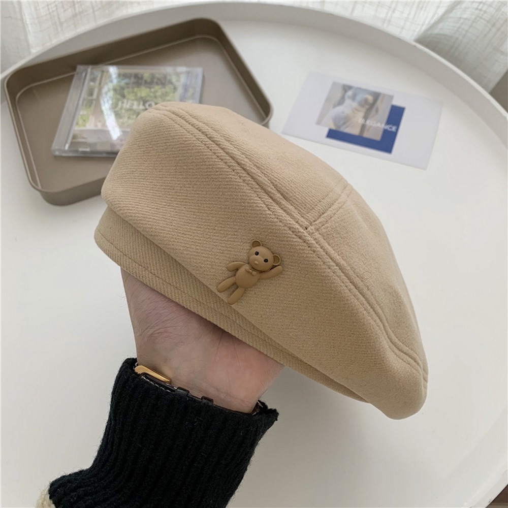 Beret Caps Autumn And Winter Woolen Hats Boinas 56 58cm Cartoon Bear Pattern Cute Style Solid Color Lovely Girl 2023 230831