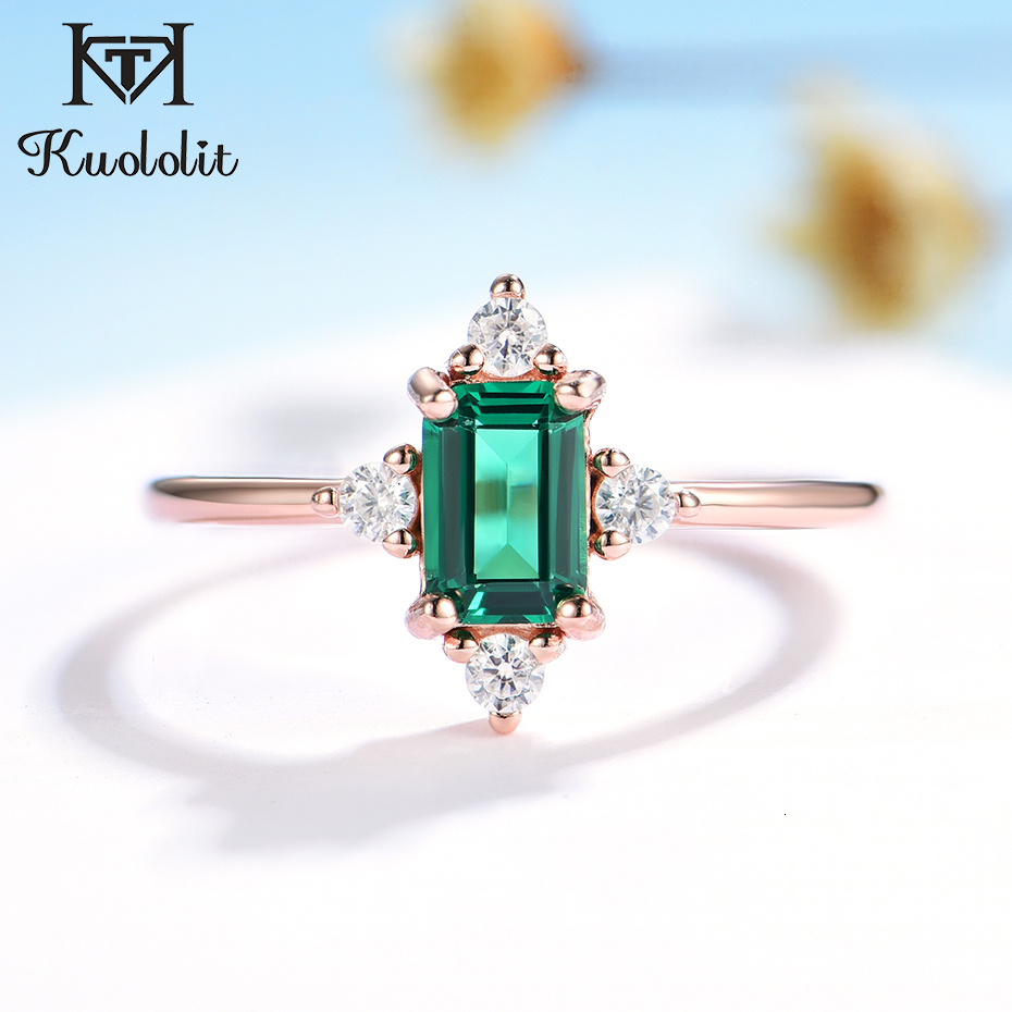 Wedding Rings Kuololit 585 Rose Gold Emerald Gemstone for Women Real 925 Sterling Silver Created Cutting Engagement Promise 230830