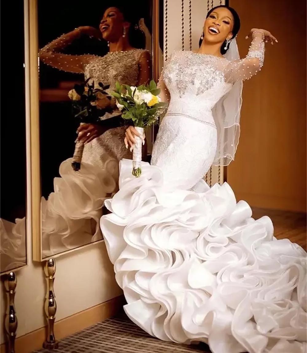 Bridal Gowns White Wedding Dresses Mermaid Ivory Formal Trumpet Applique Custom New Plus Size Lace Up Zipper O-Neck Tulle Beaded Long Sleeve Organza S