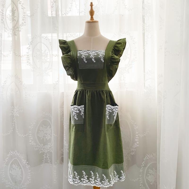 Aprons Washed Cotton Linen Lace Kitchen Aprons Flower Shop Garden Ruffles Work Clean Apron for Woman Dress 230831